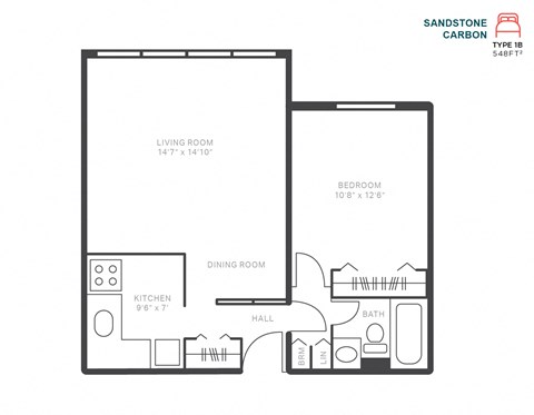 Floor plan for 1 bed, 1 bath, 584 sqft
